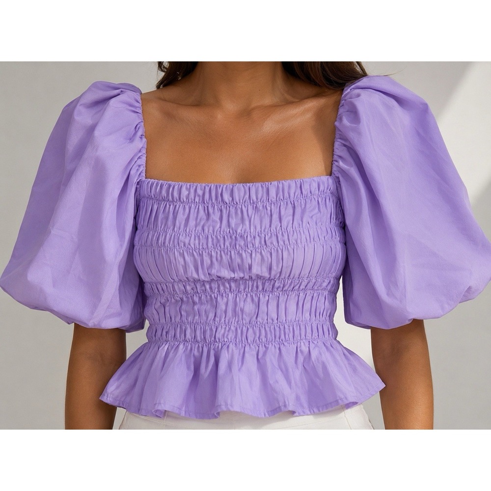 francesca's Lavender Square Neck Smocked Puff Sleeve Peplum Blouse Size S